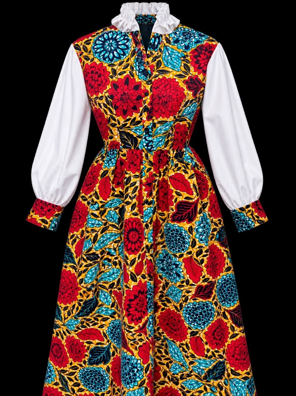 Handmade African Print Floral Maxi Dress Ruffle Collar Long Sleeve Pockets